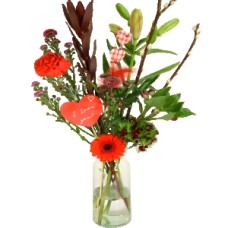 Romantic picking bouquet of flowers incl. vase (Love picking flowers pink - red including narrow glass vase and hearts/feathers)
